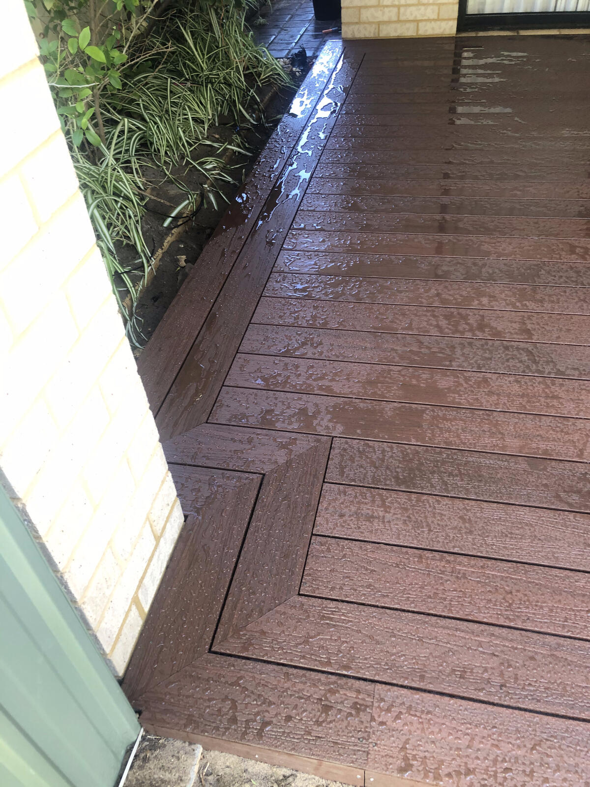 Close-up of a composite deck diamond inlay pattern
