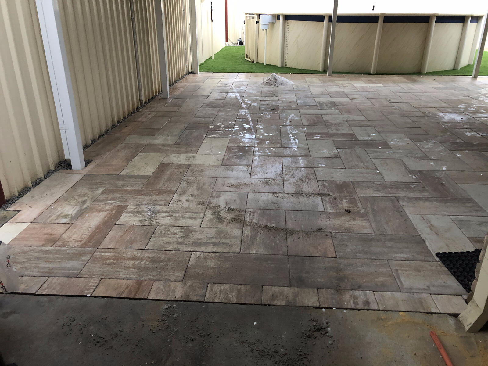 Large stone-look paver patio