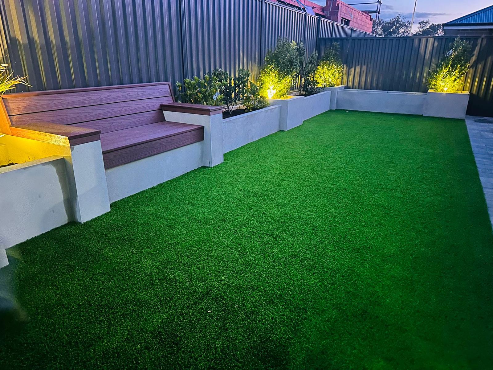 Artificial turf with built-in bench seating